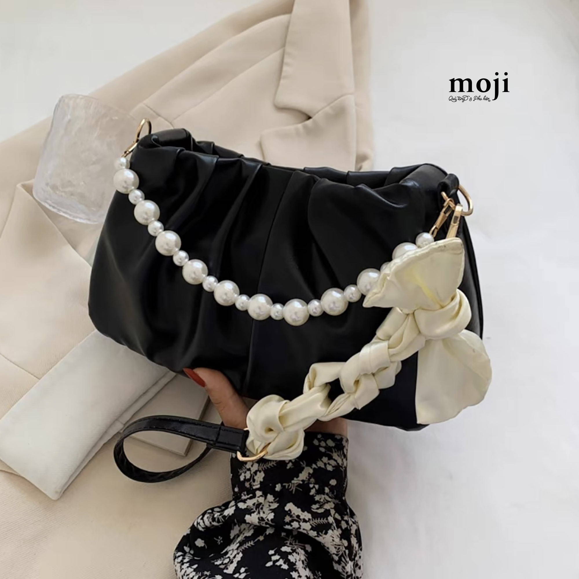 Túi đeo da Basic pleats thắt nơ dây đeo ngọc trai 7x15x26 - Mix